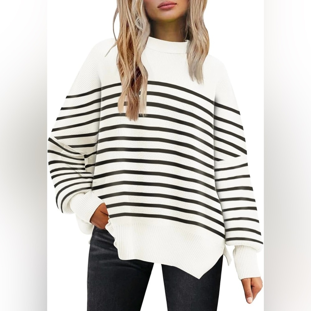 Black and White Cowl Neck Striped Sweater